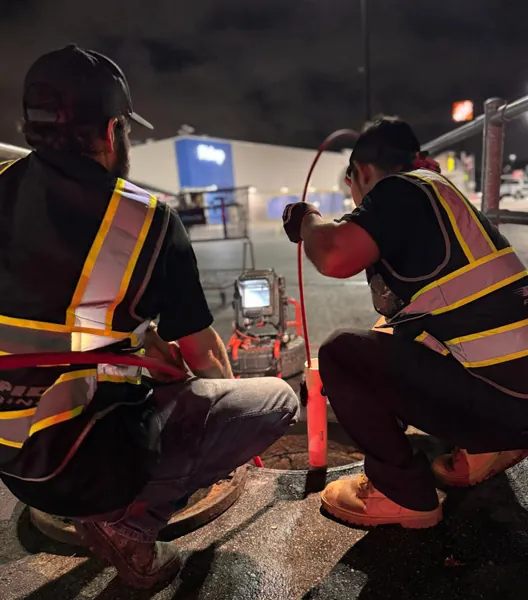Two Rapid Plumbing techs running a sewer camera inspection at night