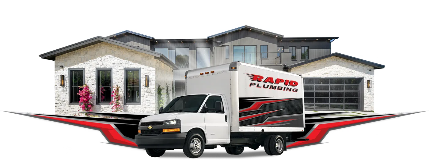 Rapid Plumbing branded box truck parked in front of a San Antonio area home